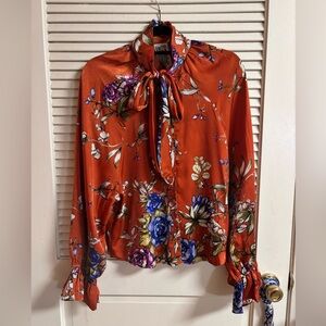 Free People Floral Button Front Pussybow Tie Blouse size S